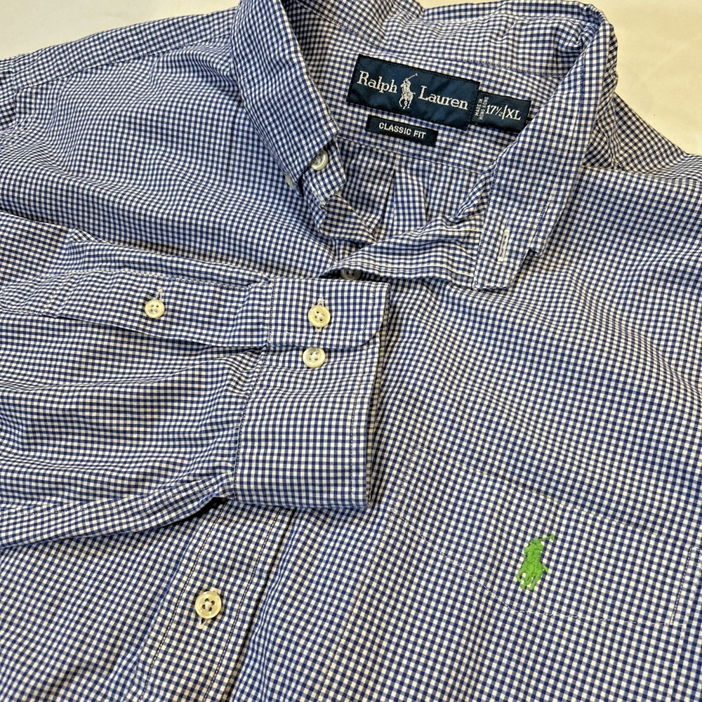 Ralph Lauren Button Down Long Sleeve Shirt Men's‎ Size XL Classic Fit Blue Check